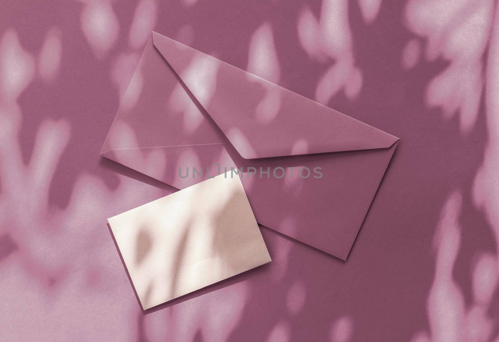 Holiday marketing, business kit and email newsletter concept - Beauty brand identity as flatlay mockup design, business card and letter for online luxury branding on purple shadow background