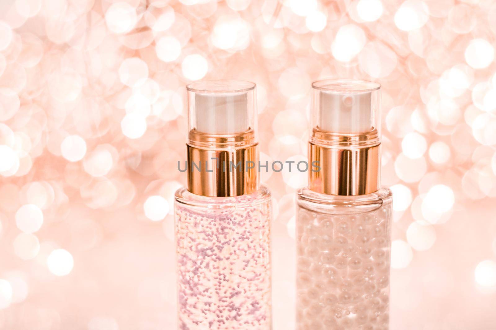 Holiday make-up base gel, serum emulsion, lotion bottle and rose gold glitter, luxury skin and body care cosmetics for beauty brand ads by Anneleven