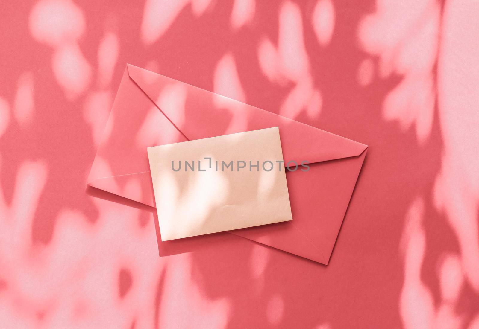 Beauty brand identity as flatlay mockup design, business card and letter for online luxury branding on coral shadow background by Anneleven