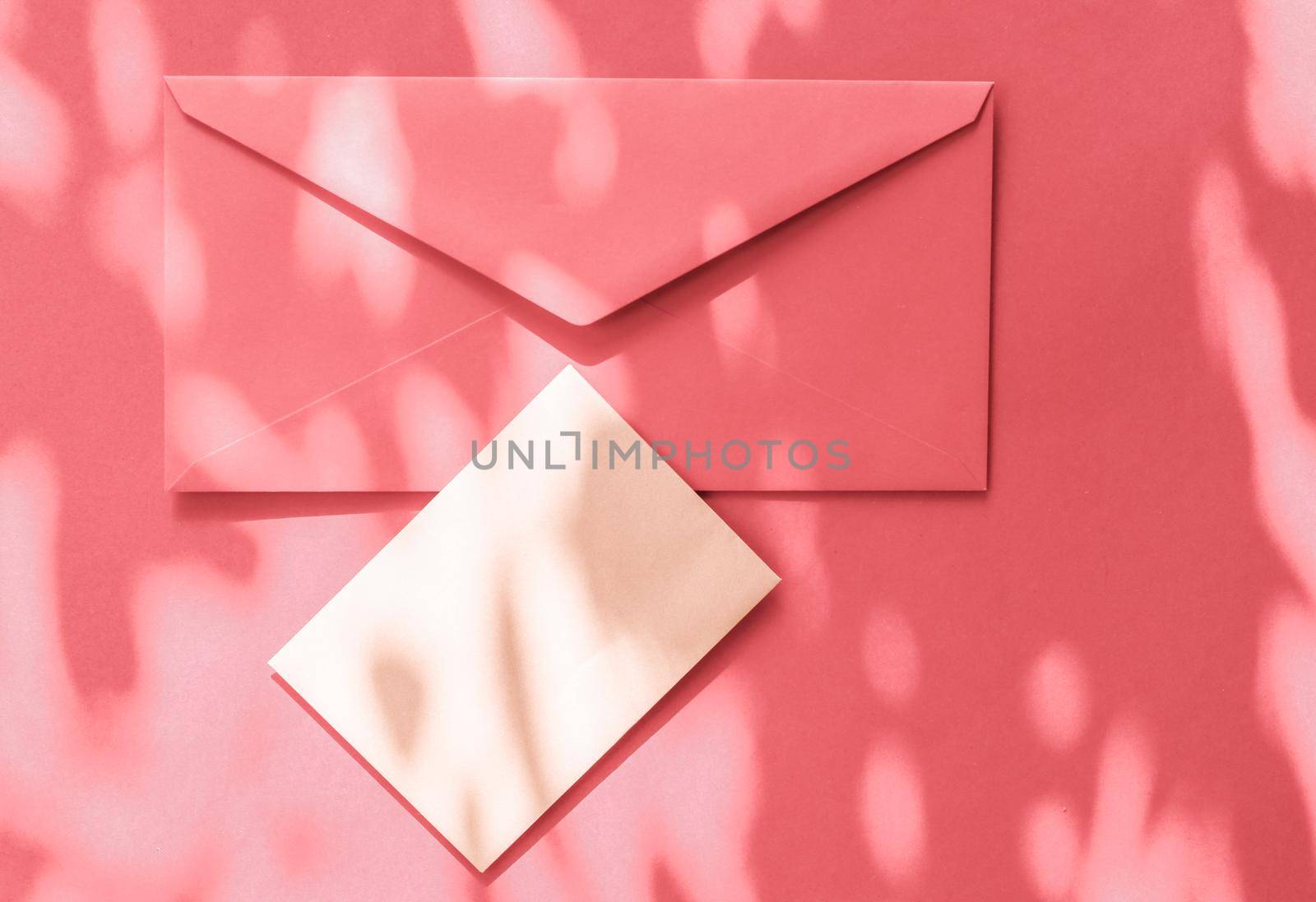 Holiday marketing, business kit and email newsletter concept - Beauty brand identity as flatlay mockup design, business card and letter for online luxury branding on coral shadow background