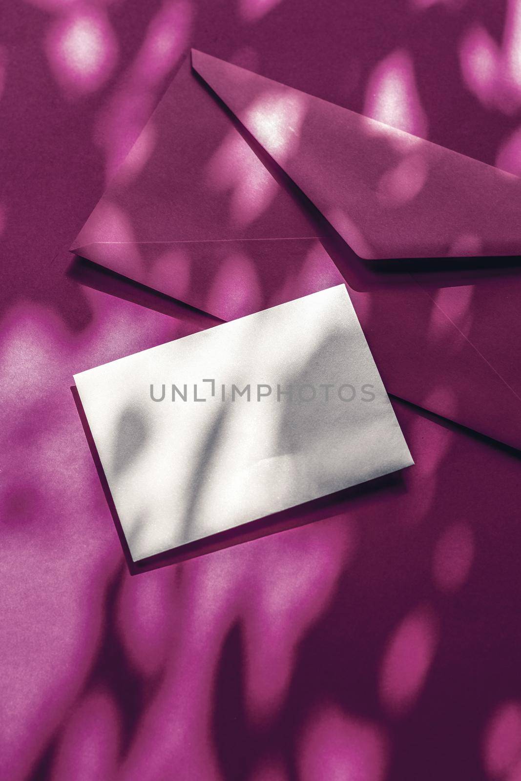 Beauty brand identity as flatlay mockup design, business card and letter for online luxury branding on purple shadow background by Anneleven