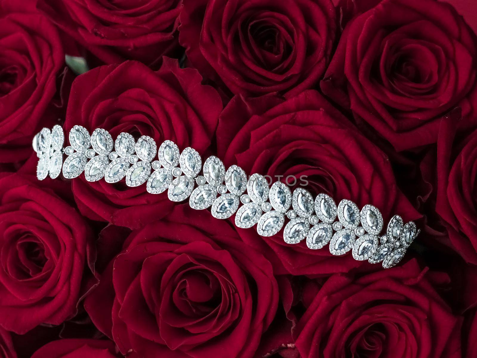 Luxe branding, glamour fashion and boutique shopping concept - Luxury diamond jewelry bracelet and red roses flowers, love gift on Valentines Day and jewellery brand holiday background design