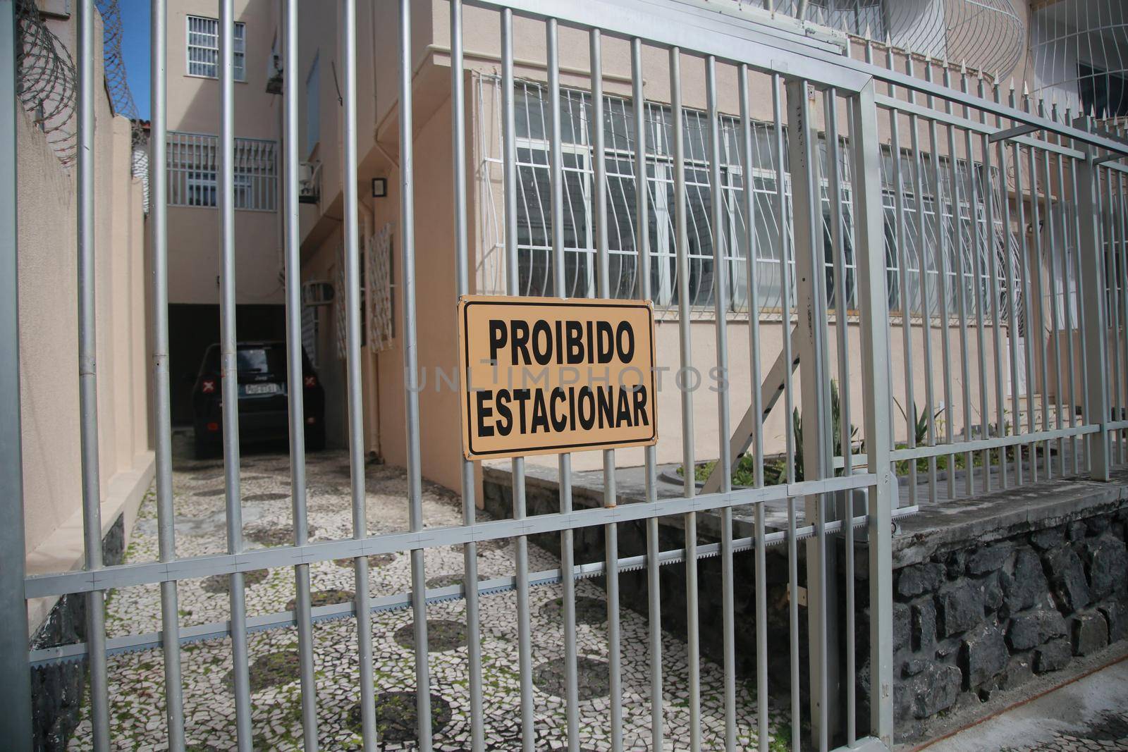 salvador, bahia, brazil - september 9, 2022: prohibited sign parks in a driveway of a residence in the city of Salvador.
