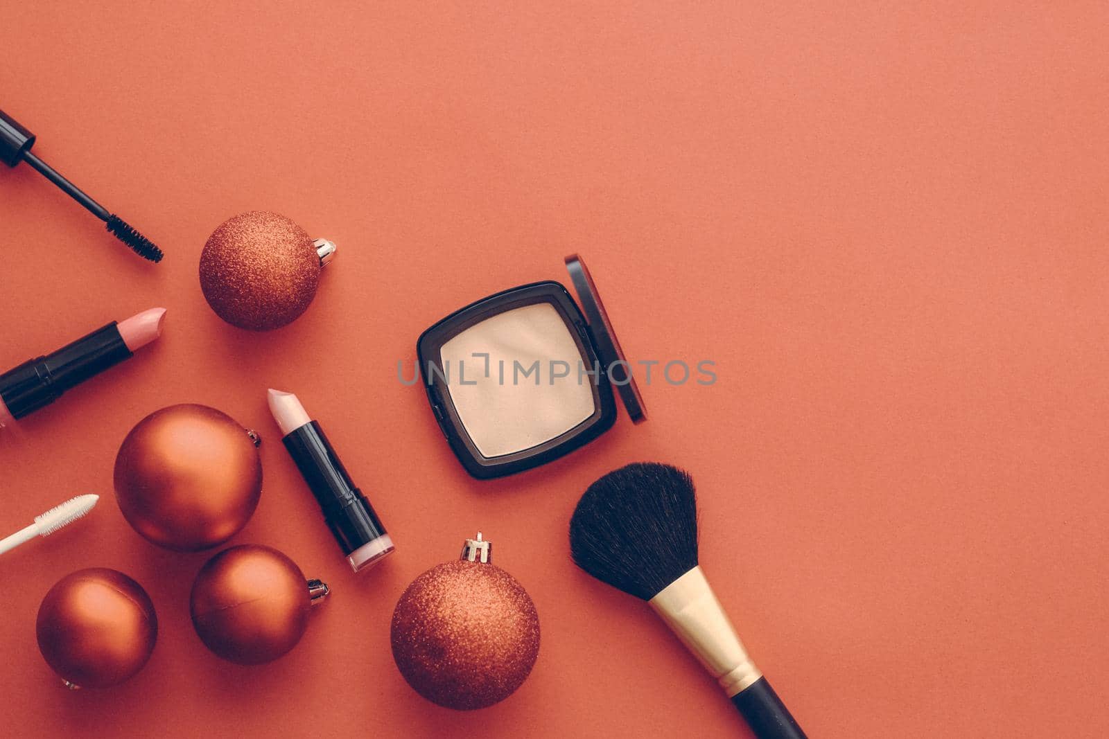 Make-up and cosmetics product set for beauty brand Christmas sale promotion, vintage orange flatlay background as holiday design by Anneleven
