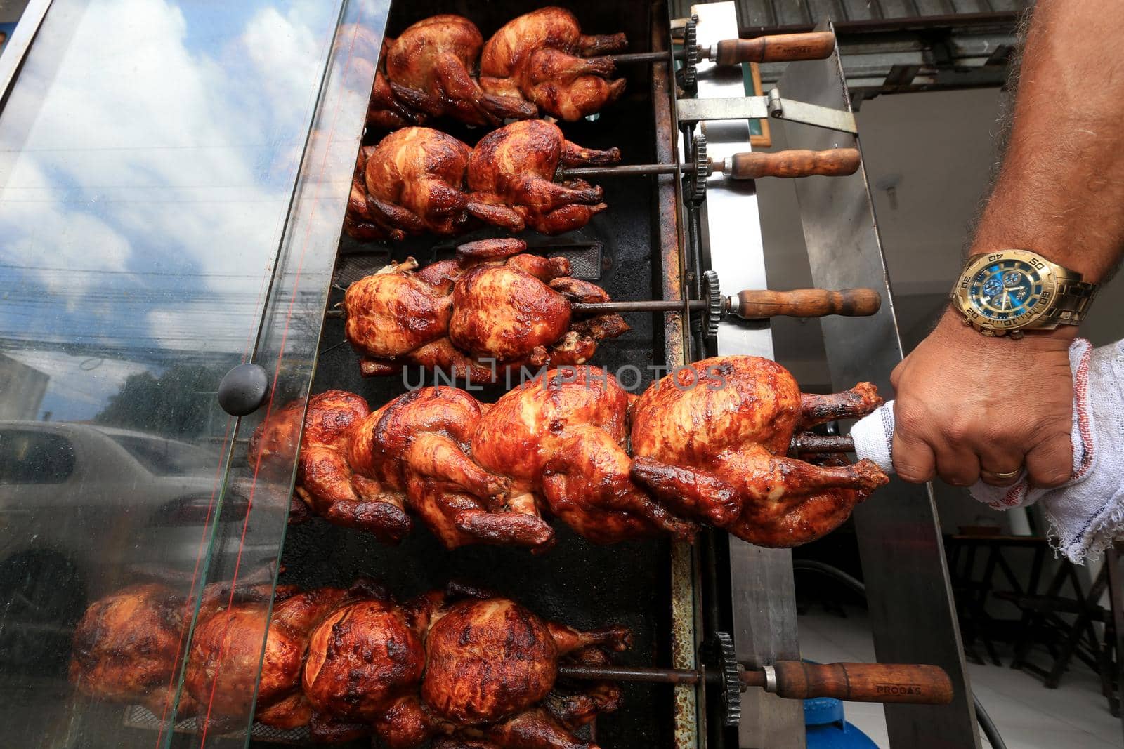 salvador, bahia, brazil - september 17, 2022: Roast chicken at a street restaurant in Salvador city.