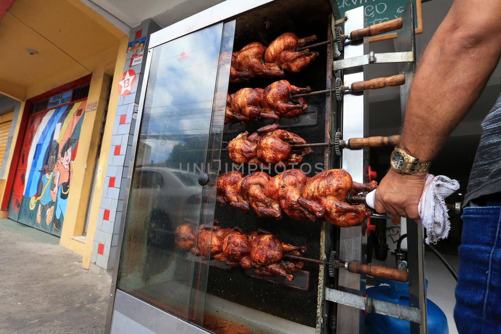 salvador, bahia, brazil - september 17, 2022: Roast chicken at a street restaurant in Salvador city.