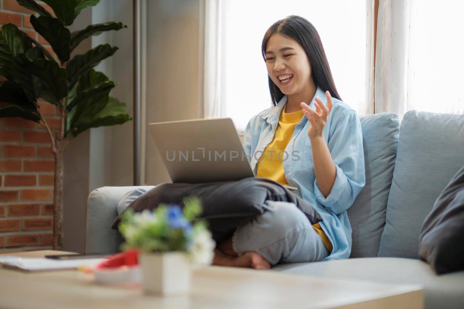 Happy young girl having video call on laptop, studying online, communicating with friends, consulting, or explainging while sitting confortably on couch at home. Online learning and distant working concept.