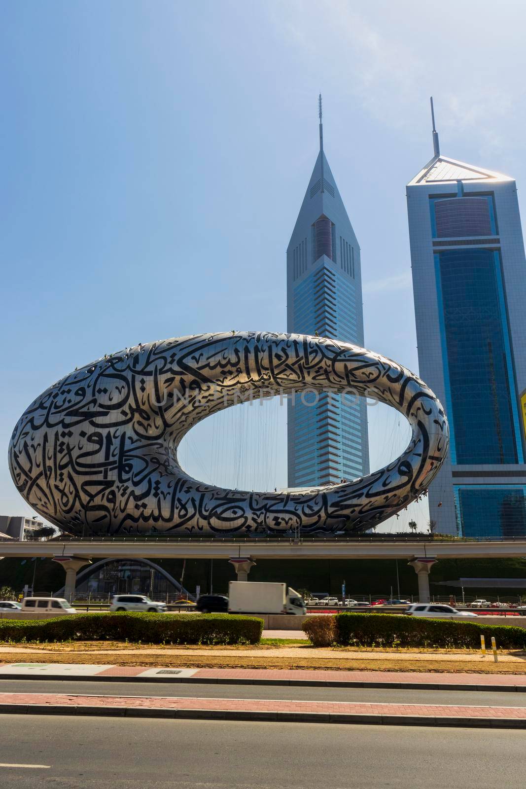 Dubai, UAE - 03.15.2021 Museum of the future and Emirates towers.