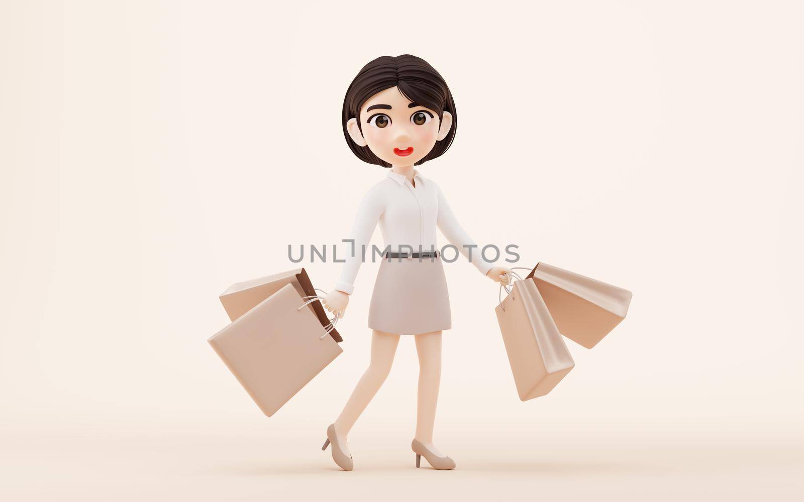 Cartoon girl with shopping bags in hand, 3d rendering. by vinkfan
