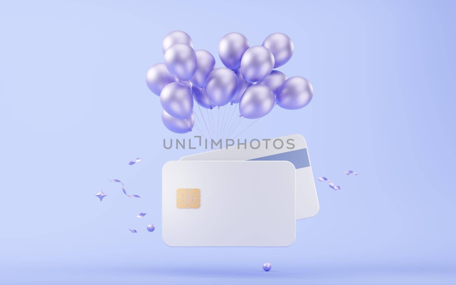 Bank card and balloons, 3d rendering. Computer digital drawing.