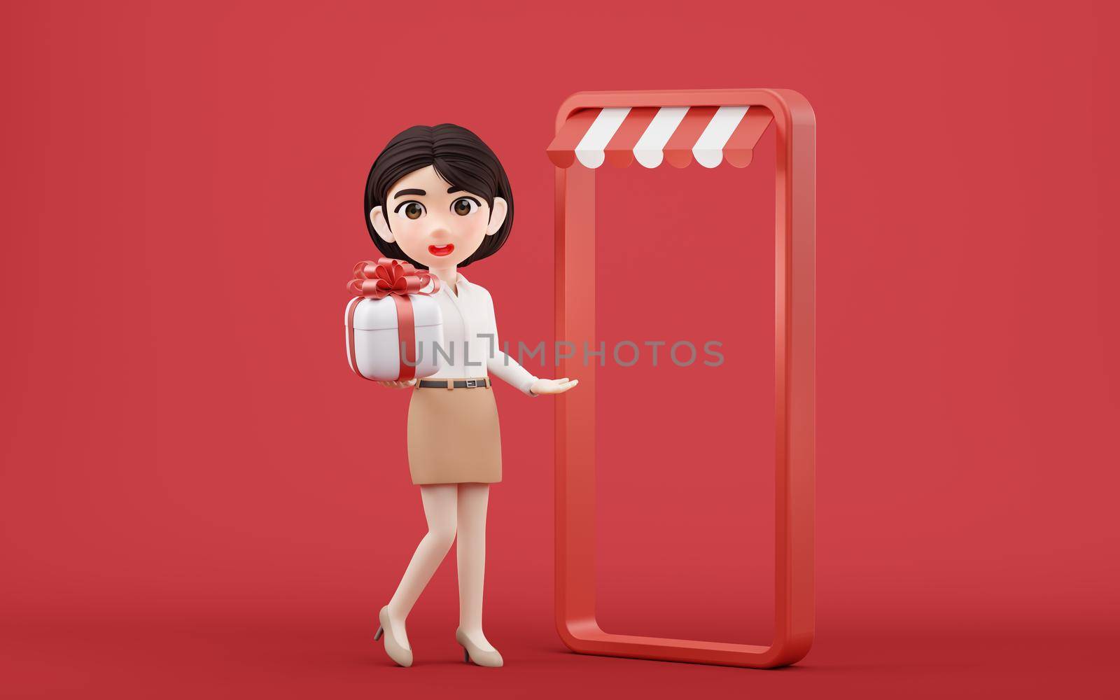 Cartoon girl with gift box, 3d rendering. by vinkfan