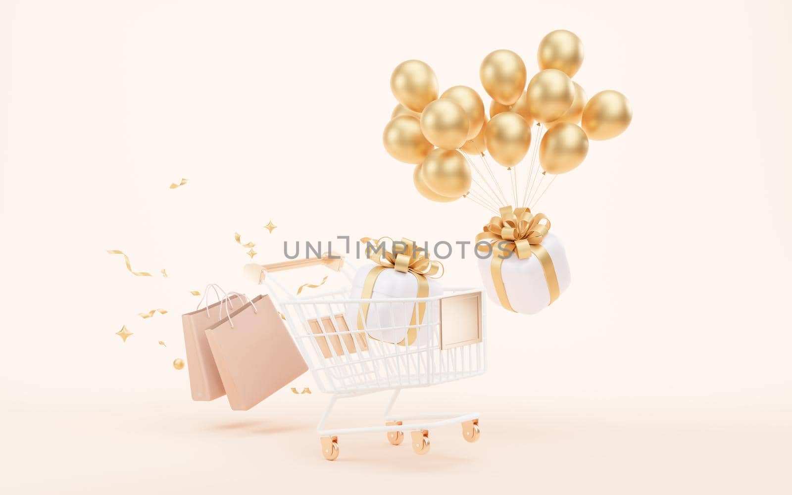 Shopping cart with gift boxes, 3d rendering. by vinkfan