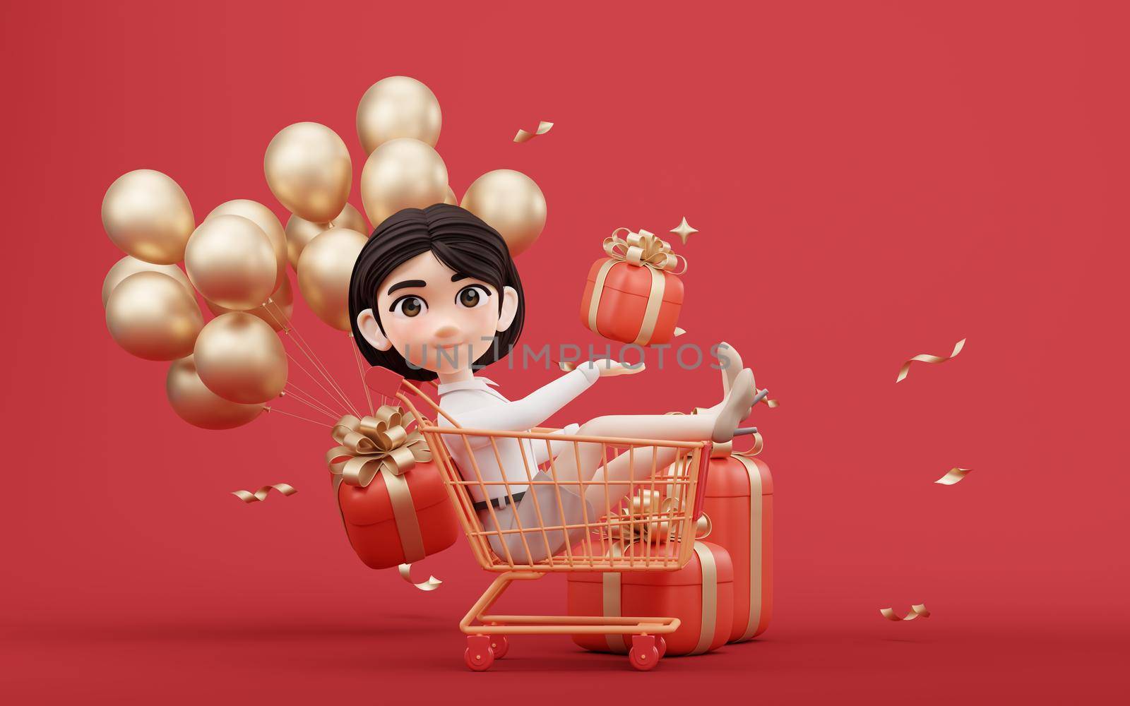 Cartoon girl with shopping cart, 3d rendering. by vinkfan