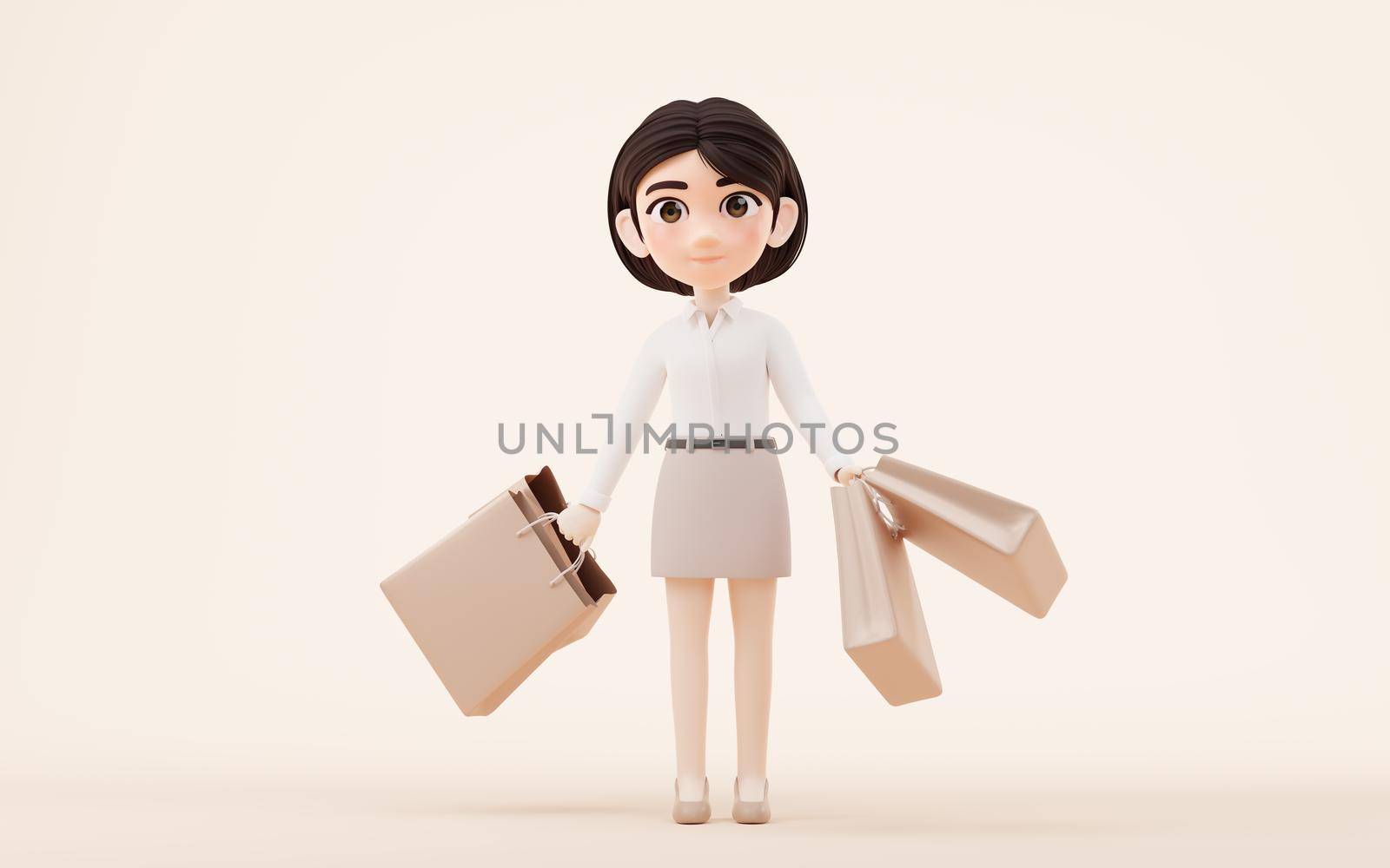 Cartoon girl with shopping bags in hand, 3d rendering. Computer digital drawing.