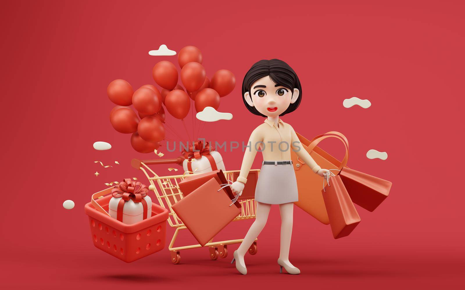 Cartoon girl with shopping cart, 3d rendering. Computer digital drawing.