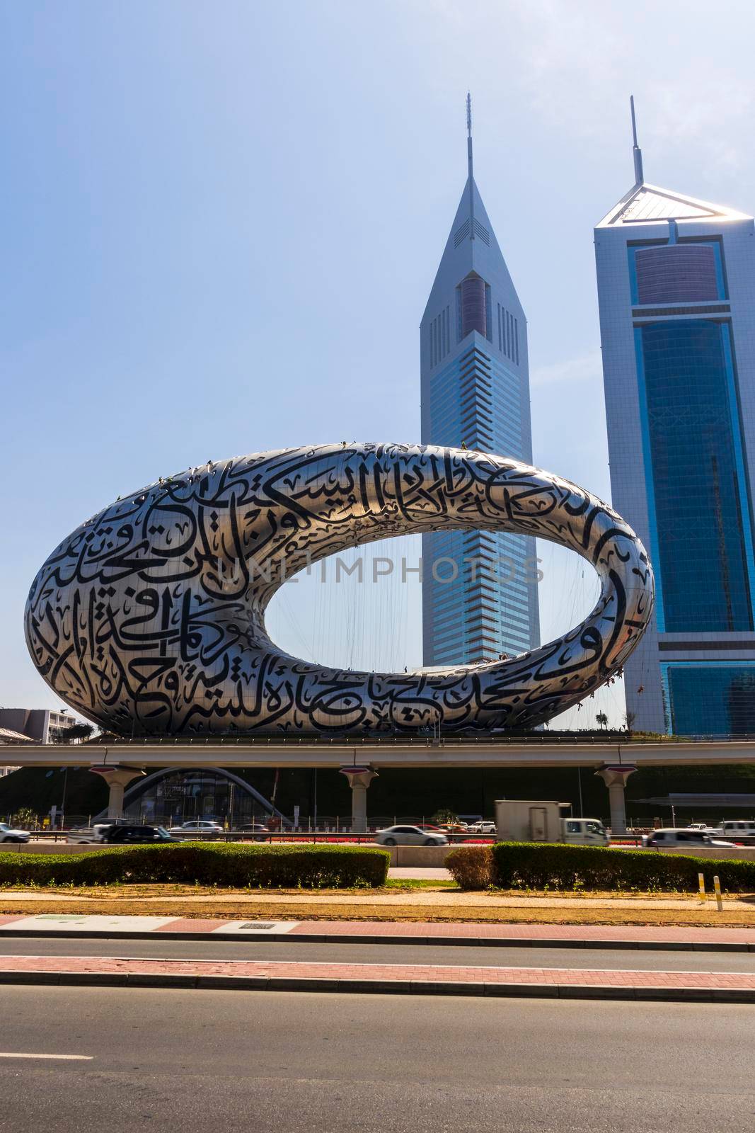 Dubai, UAE - 03.15.2021 Museum of the future and Emirates towers.