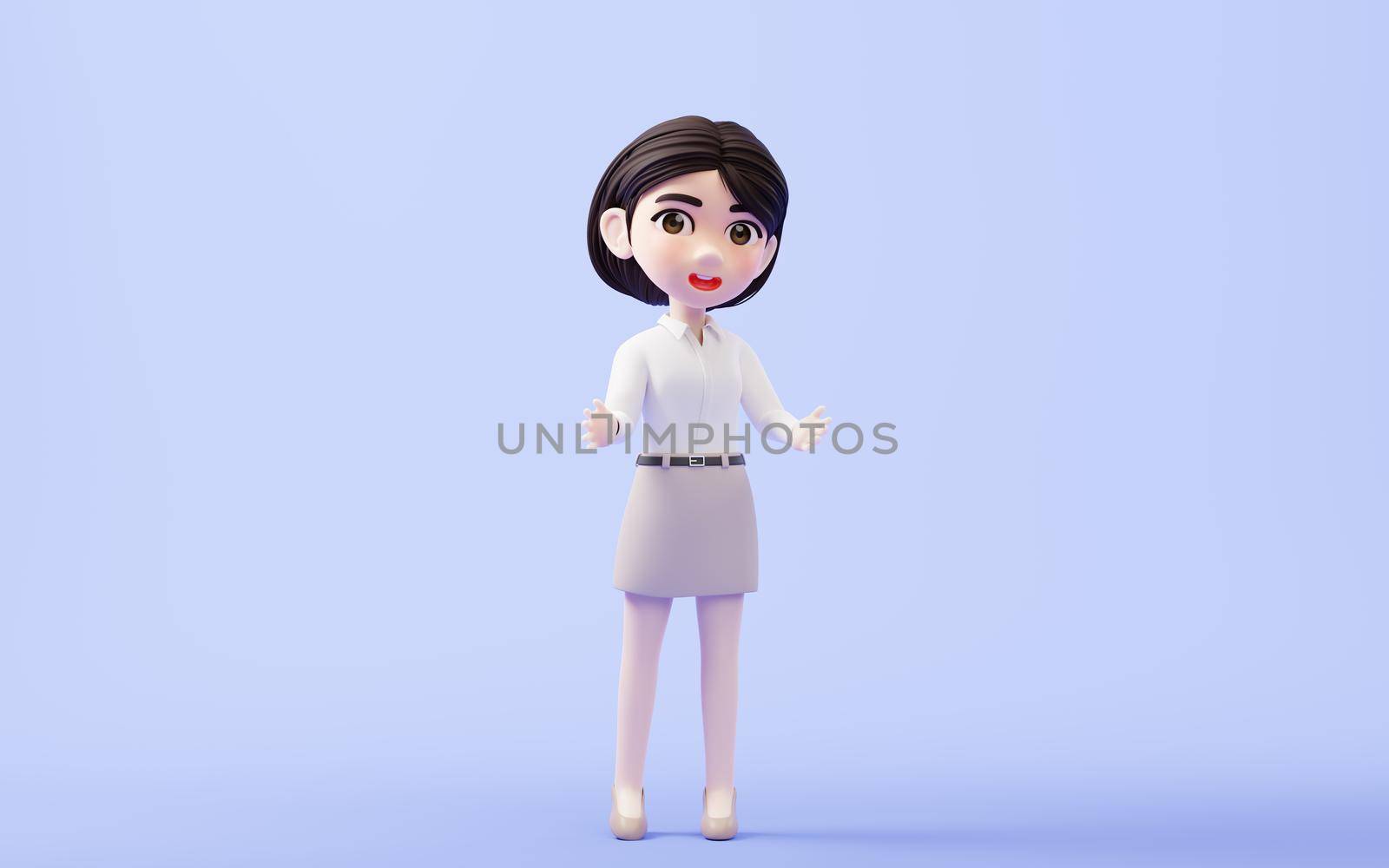 Cartoon girl with white shirt and khaki skirt, 3d rendering. Computer digital drawing.