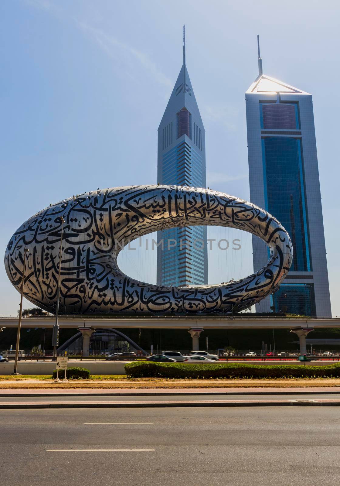 Dubai, UAE - 03.15.2021 Museum of the future and Emirates towers.