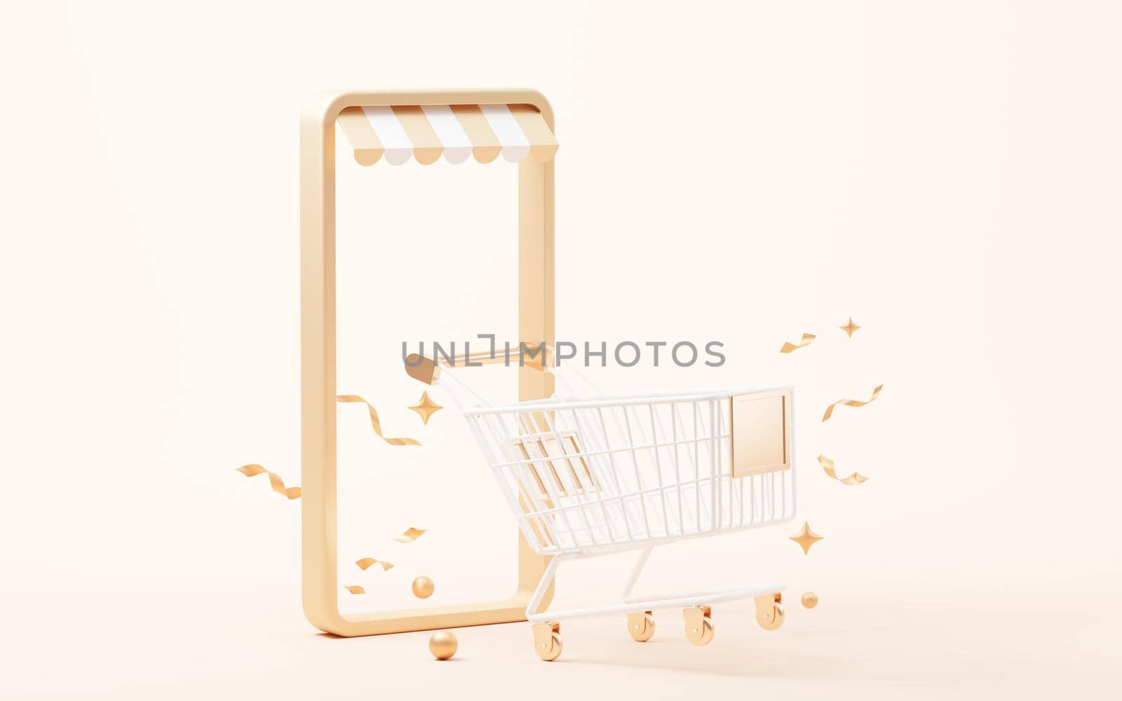 Shopping cart with gift boxes, 3d rendering. Computer digital drawing.