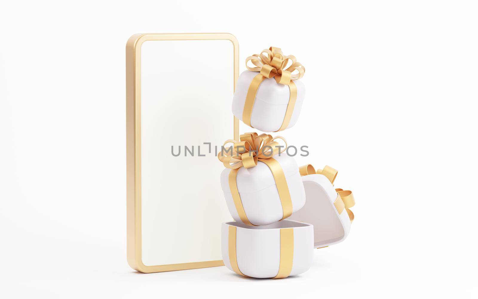 Gift box with mobile phone, 3d rendering. Computer digital drawing.