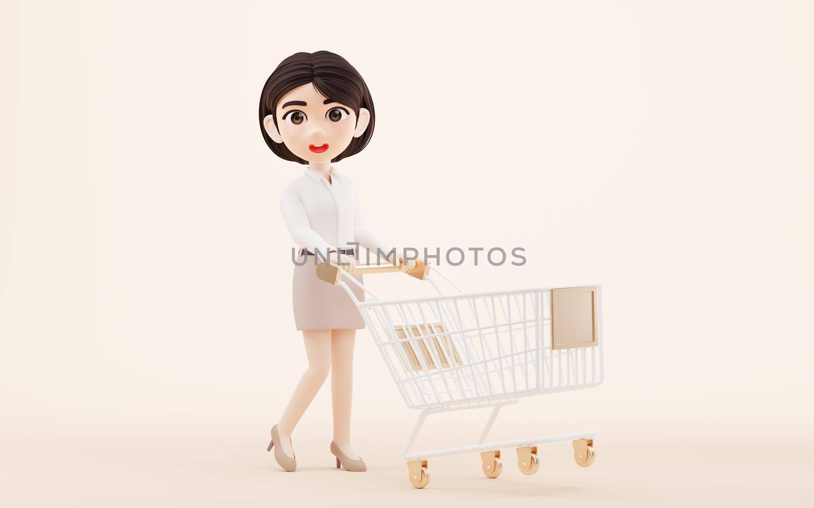 Cartoon girl with shopping cart, 3d rendering. Computer digital drawing.