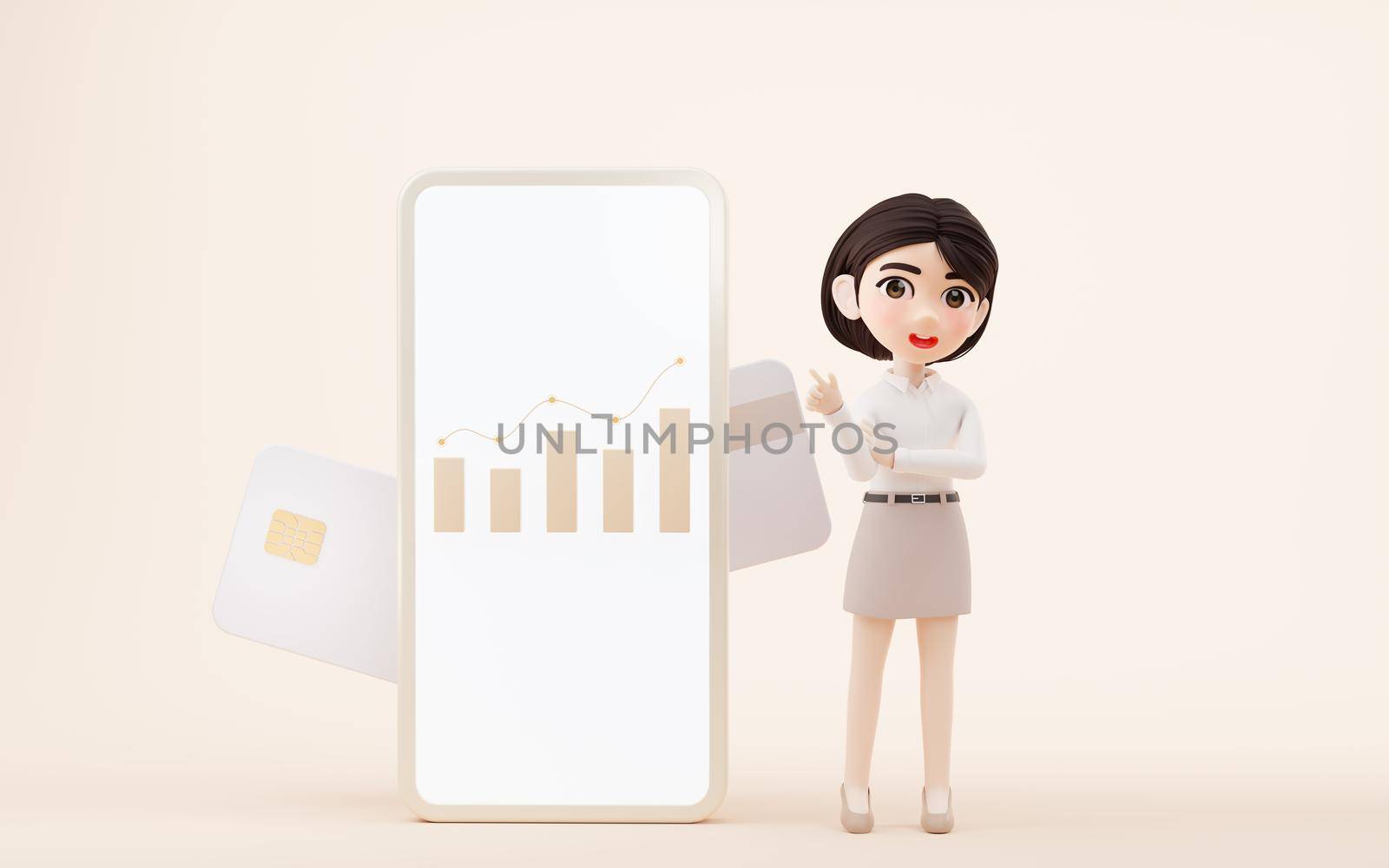 Cartoon girl with bank card, 3d rendering. Computer digital drawing.