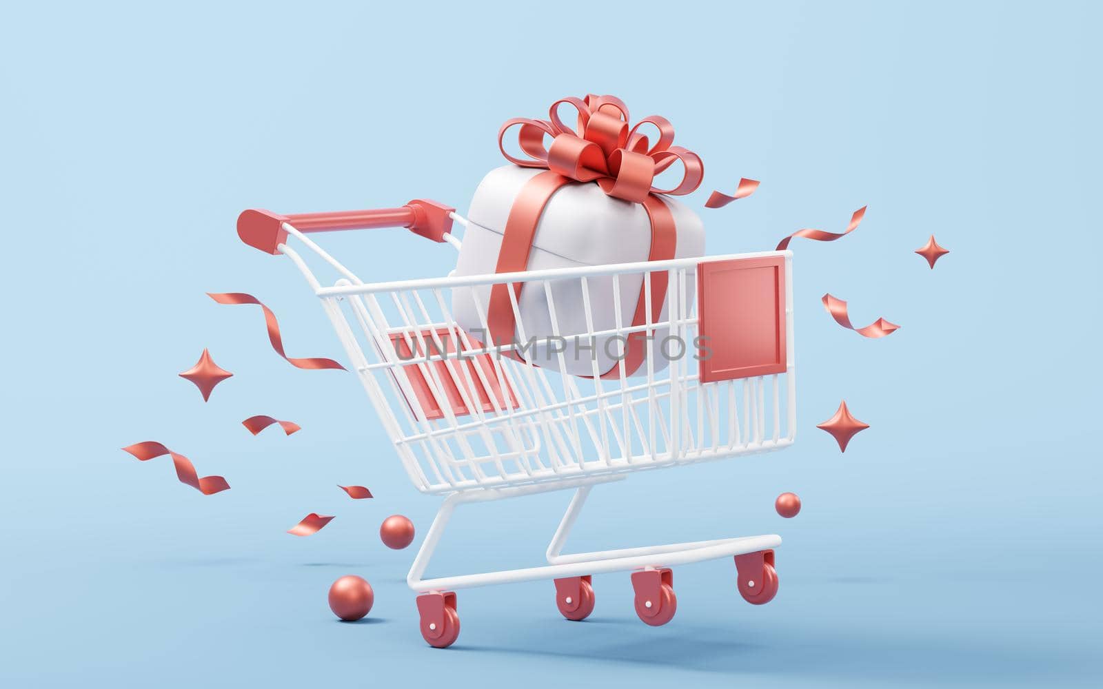 Shopping cart with gift boxes, 3d rendering. Computer digital drawing.