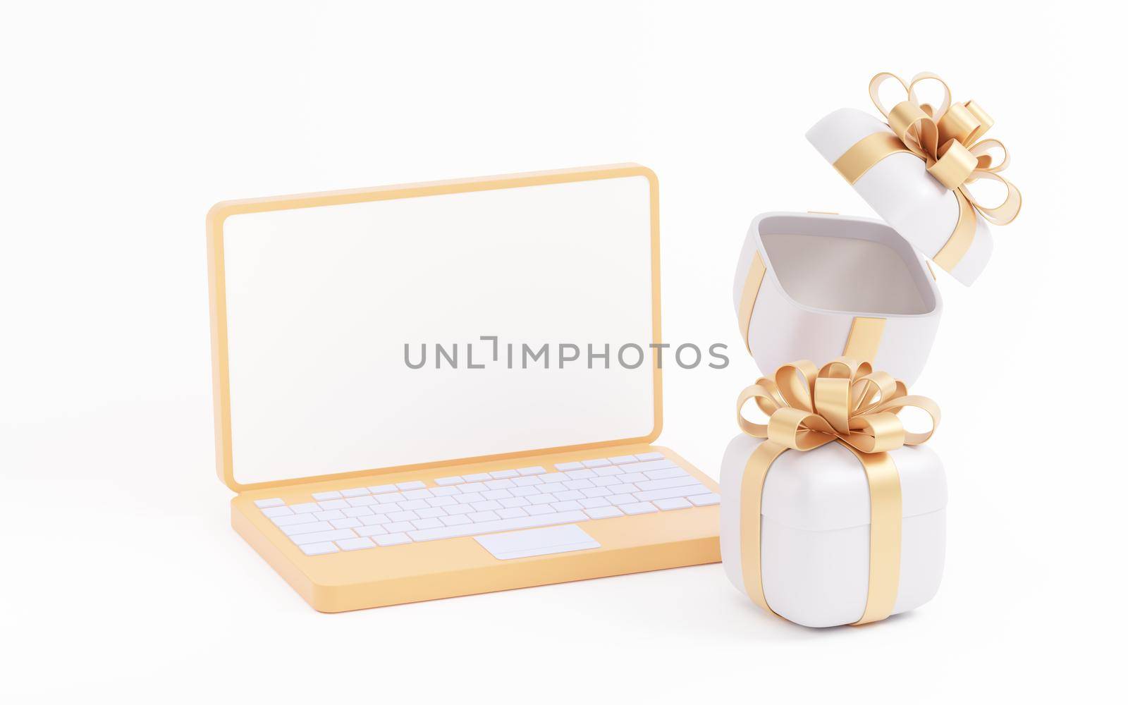 Gift box with computer, 3d rendering. Computer digital drawing.