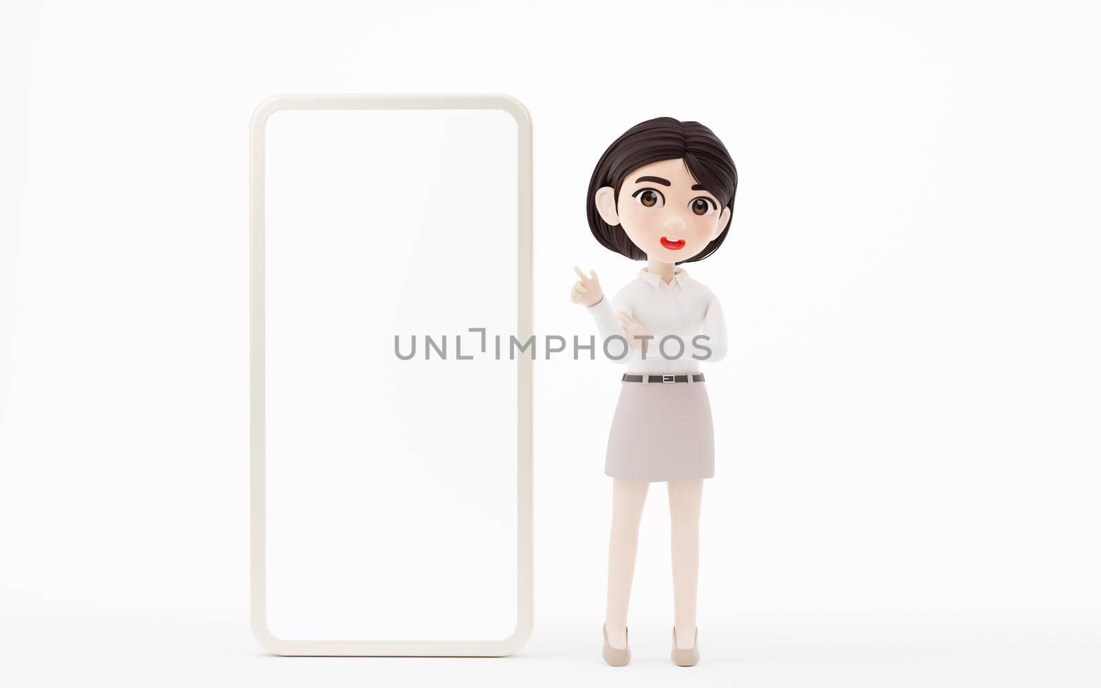 Cartoon girl with white shirt and khaki skirt, 3d rendering. Computer digital drawing.