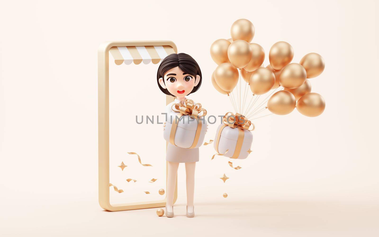 Cartoon girl with gift box, 3d rendering. Computer digital drawing.