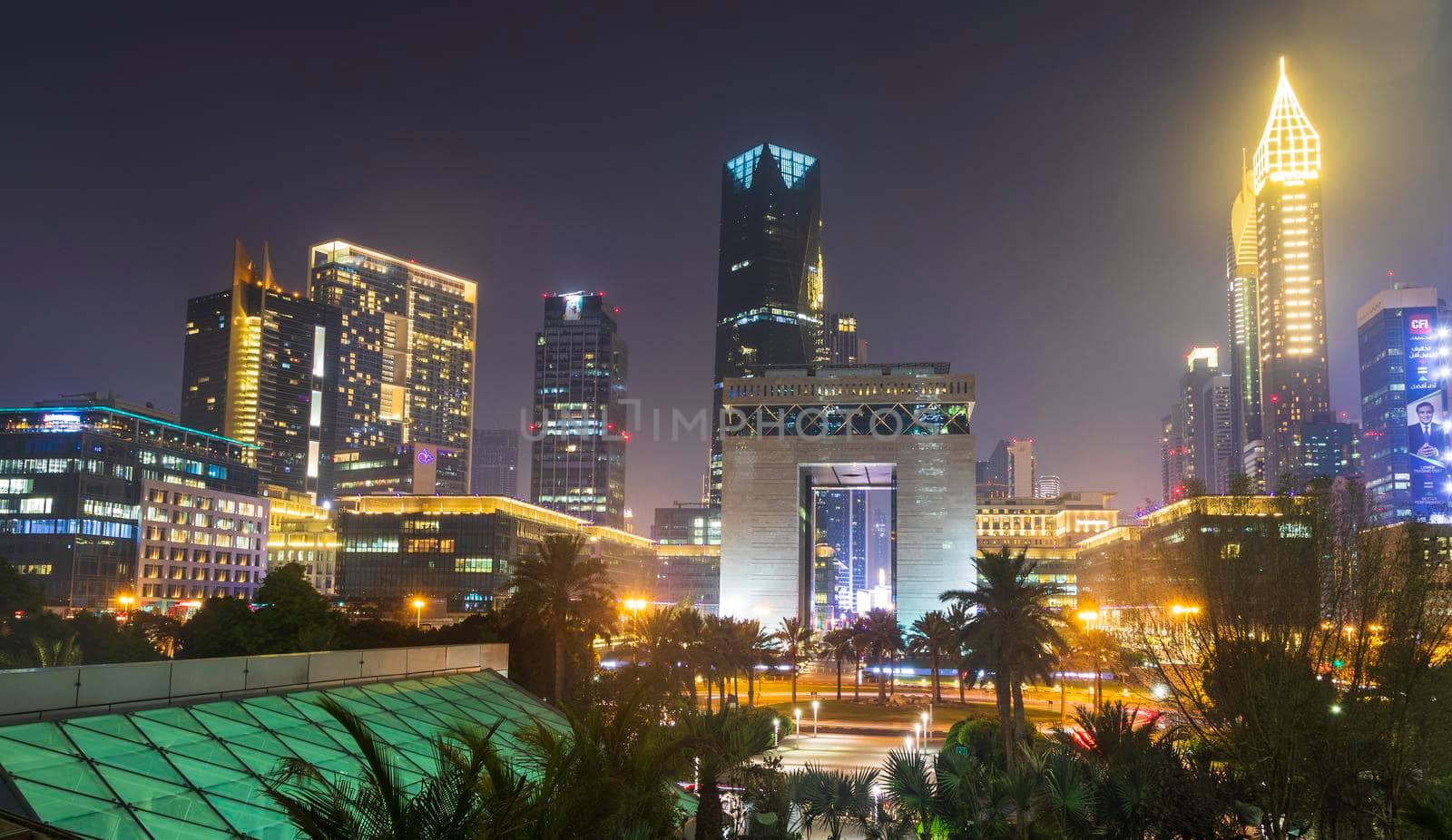 Dubai, UAE - 05.28.2021 Shot of a Dubai International Financial center at night.