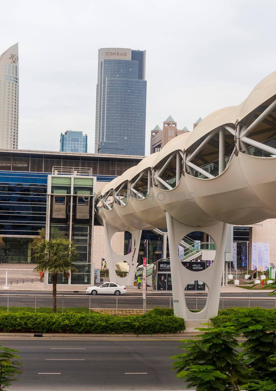 Dubai, UAE - 10.04.2021 Footbridge crossing at Dubai World trade center