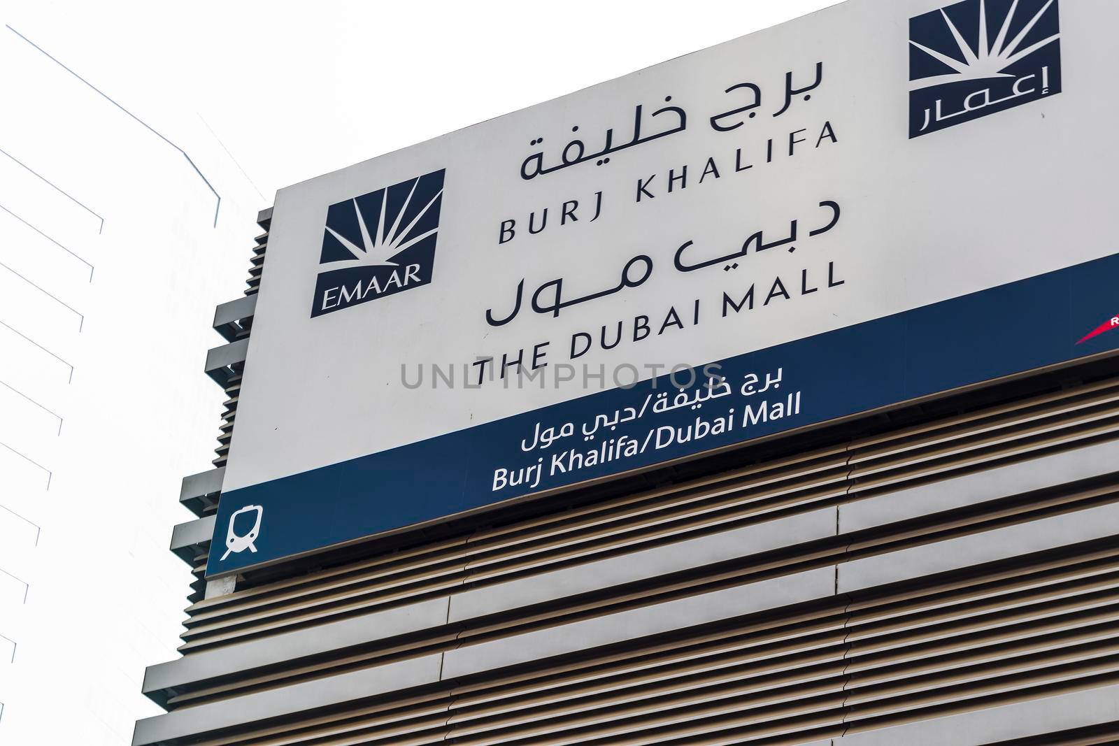 Dubai, UAE - 08.16.2021 - Sign board of Dubai Mall, Burj Khalifa metro station