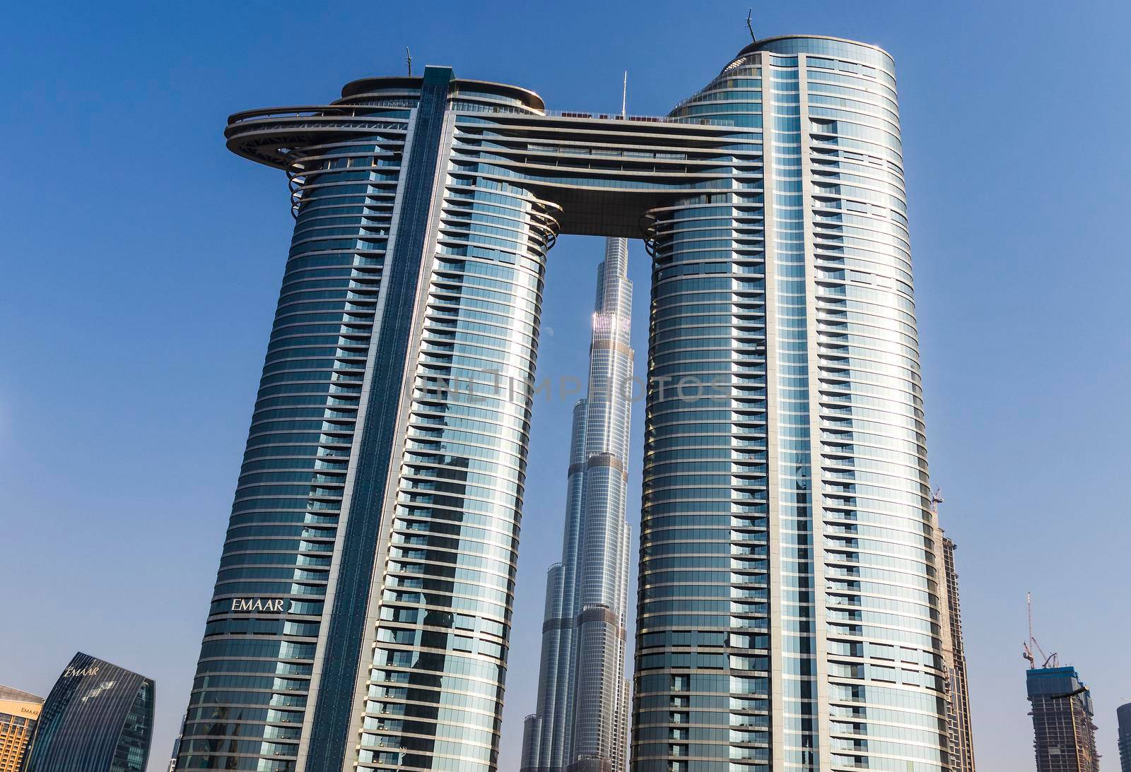 Dubai, UAE - 08.16.2021 - Burj Khalifa and Address Sky View hotel