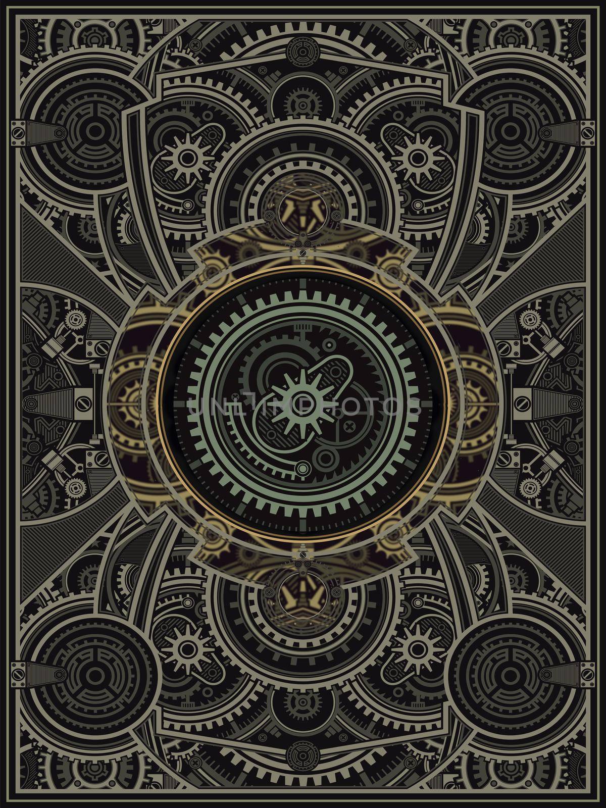 Dark digital mandala in steampunk style, yellow lines on dark grey background