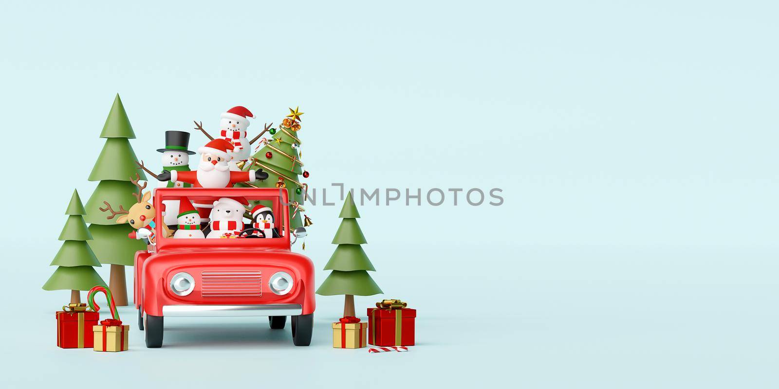Merry Christmas and Happy New Year, Santa Claus and friend in a red car with Christmas decoration, 3d rendering by nutzchotwarut