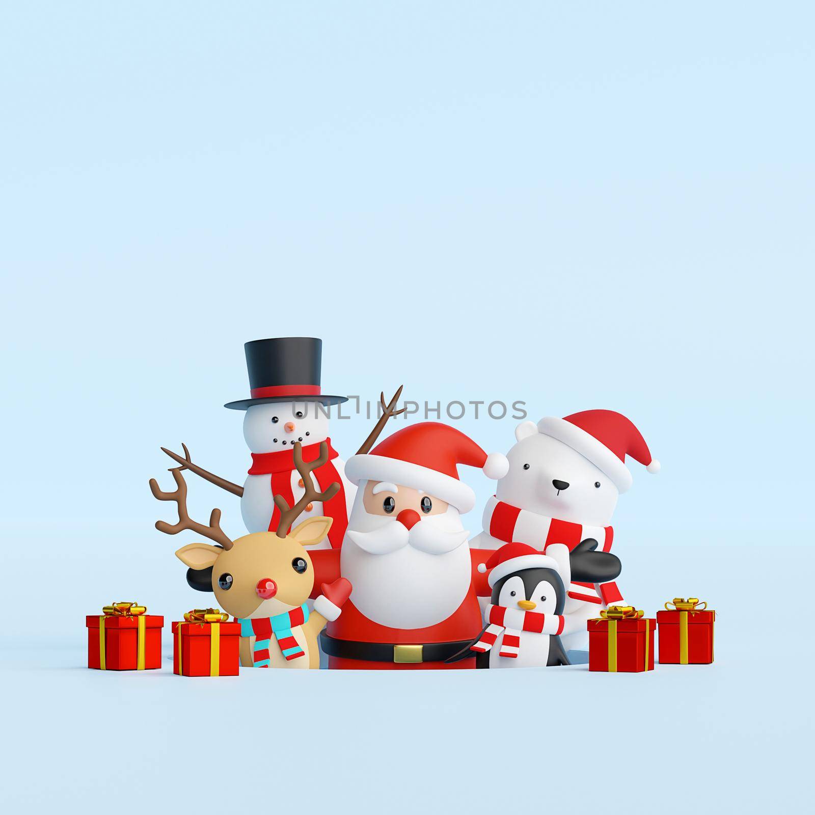 Merry Christmas and Happy New Year, Santa Claus and friends with Christmas gift, 3d rendering