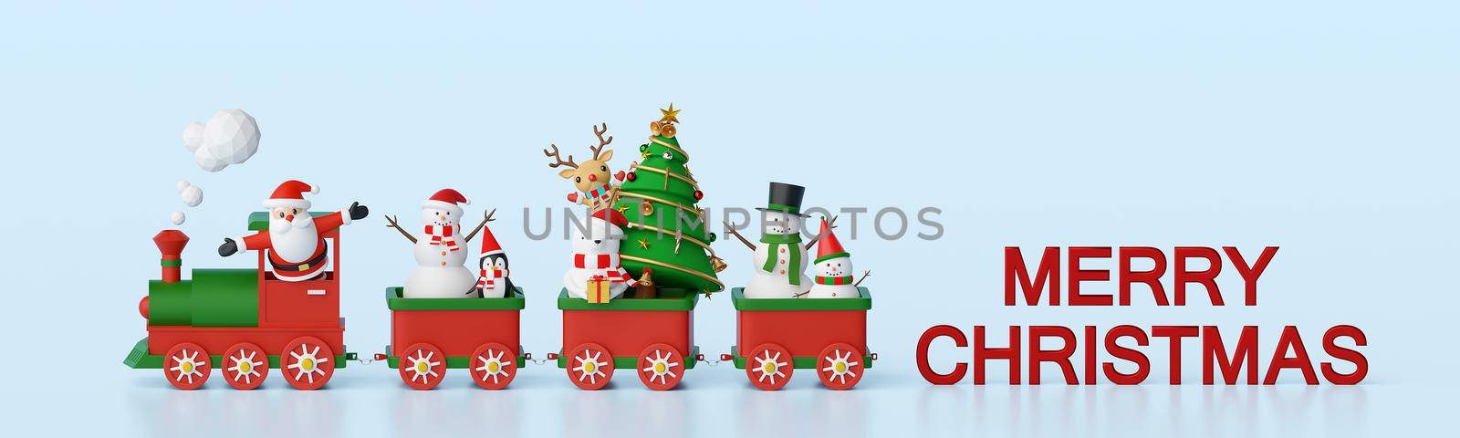 Merry Christmas and Happy New Year, Banner background of Santa Claus and friends on Christmas train, 3d rendering