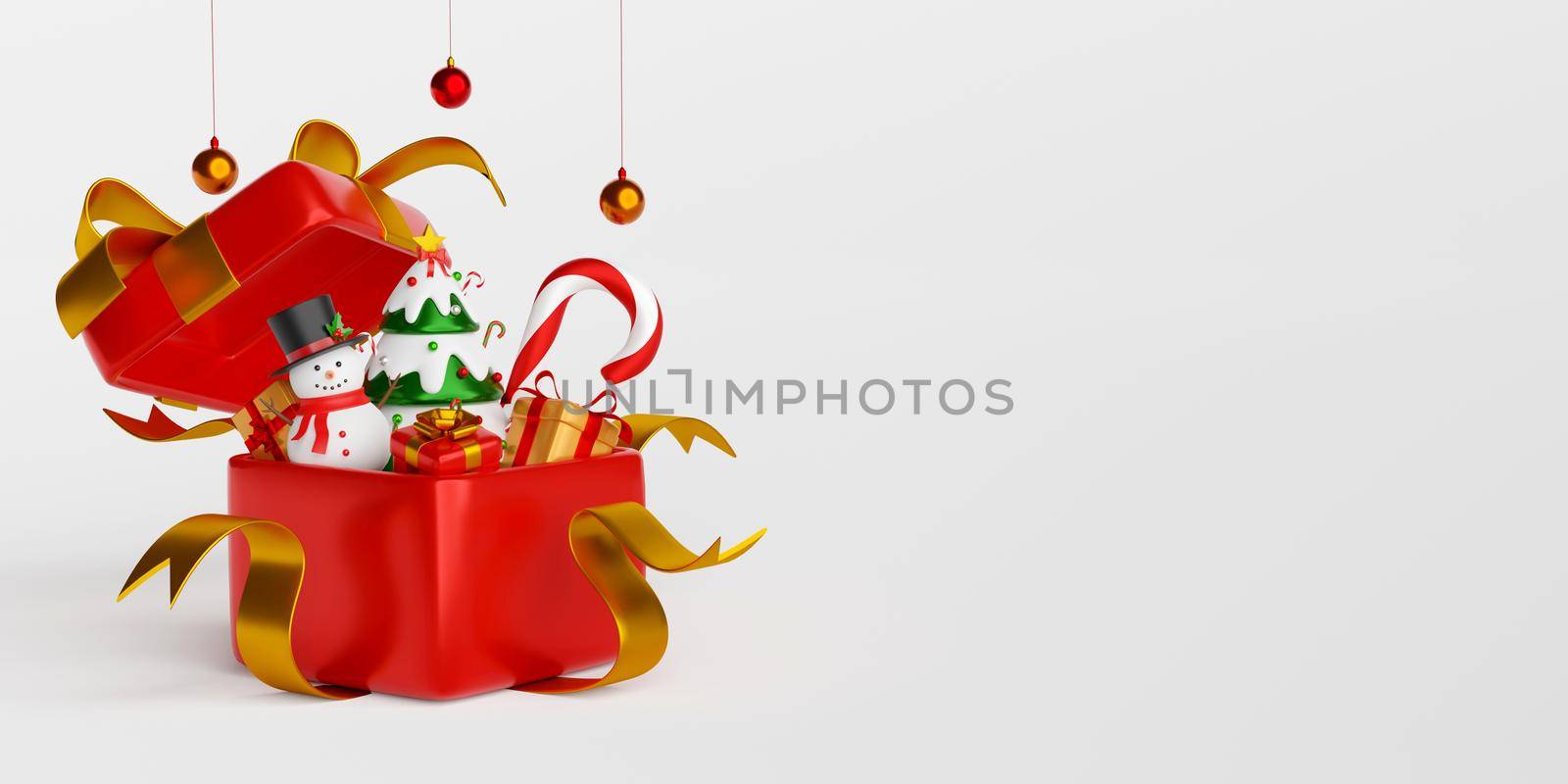 Christmas banner postcard scene of Snowman with Christmas tree in gift box, 3d illustration