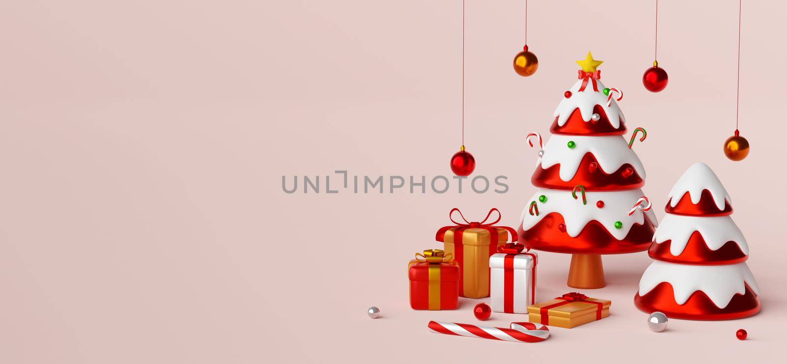 Christmas banner postcard scene of Christmas tree with presents, 3d illustration
