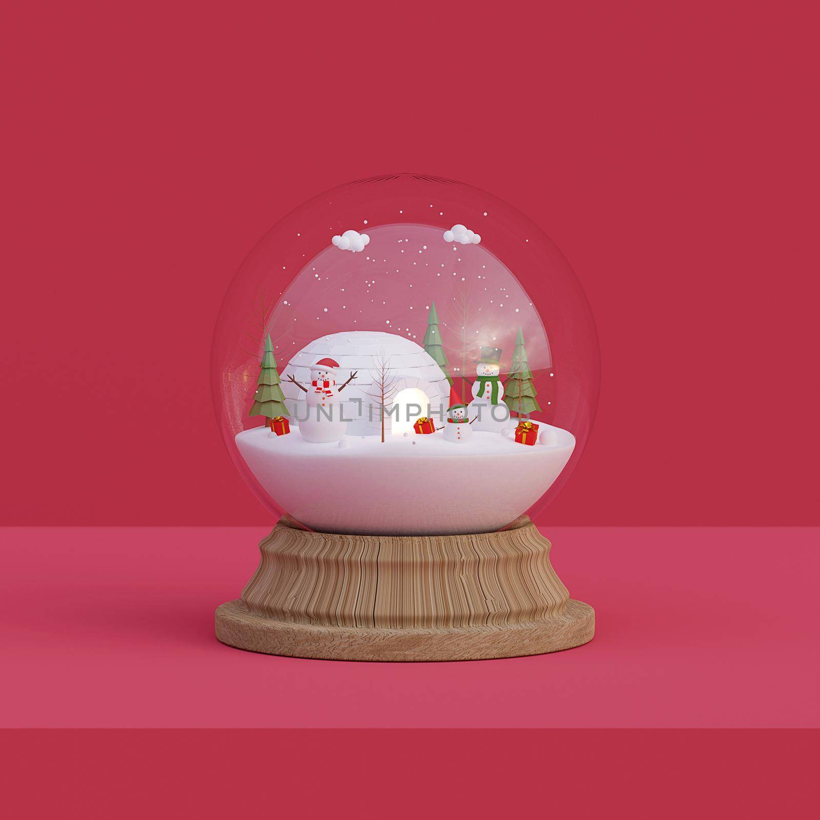 Merry Christmas and Happy New Year, Snowman celebrate Christmas day in a snow globe, 3d rendering