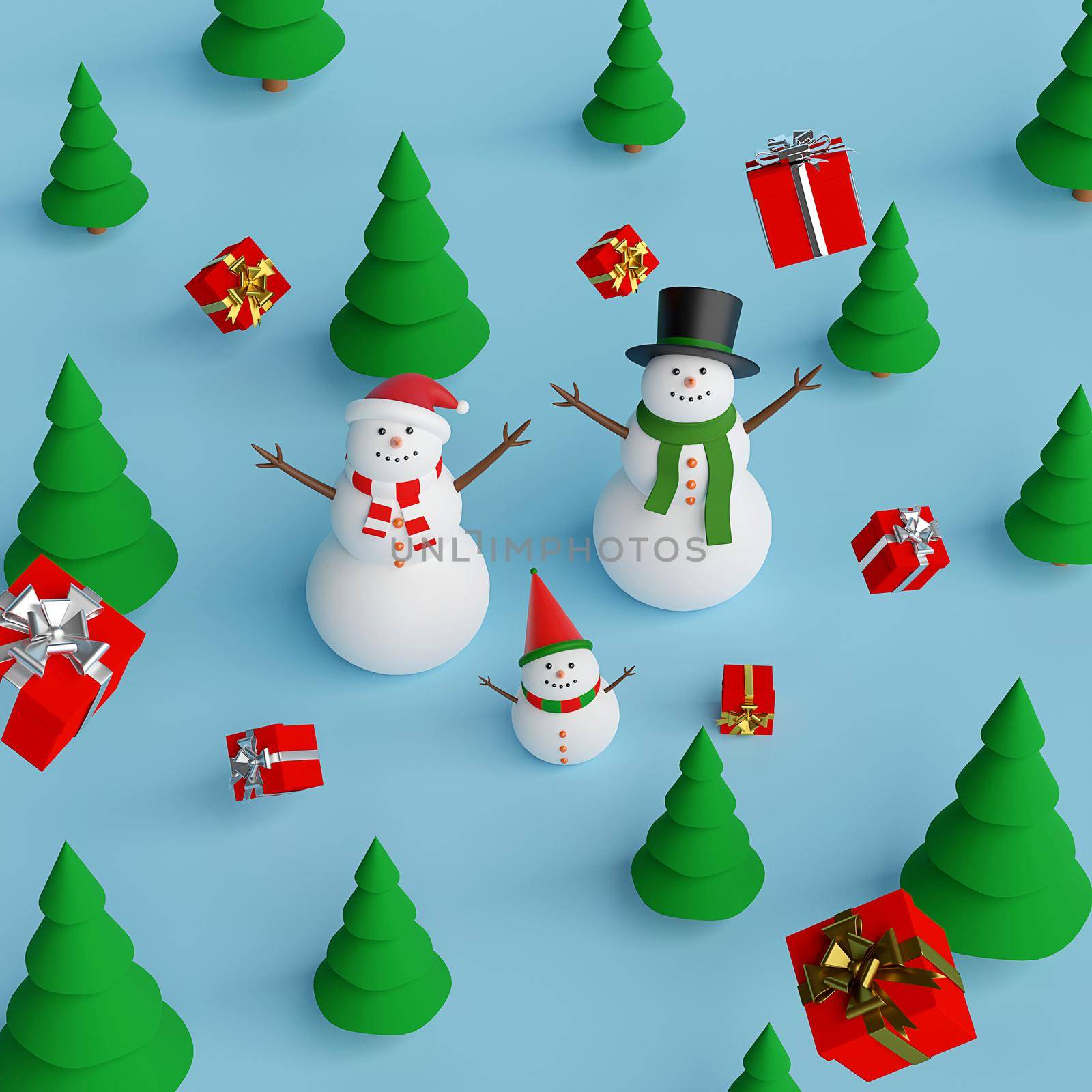 Merry Christmas and Happy New Year, Snowman in pine forest with Christmas gifts, 3d rendering