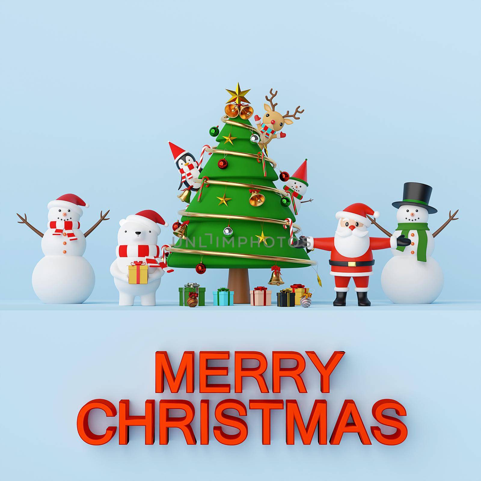 Merry Christmas and Happy New Year, Christmas party Santa Claus and friend with Christmas tree, 3d rendering by nutzchotwarut