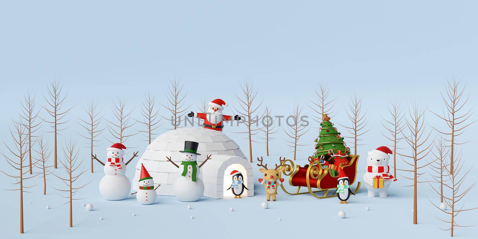 Merry Christmas and Happy New Year, Christmas celebration with Santa Claus and friend, 3d rendering
