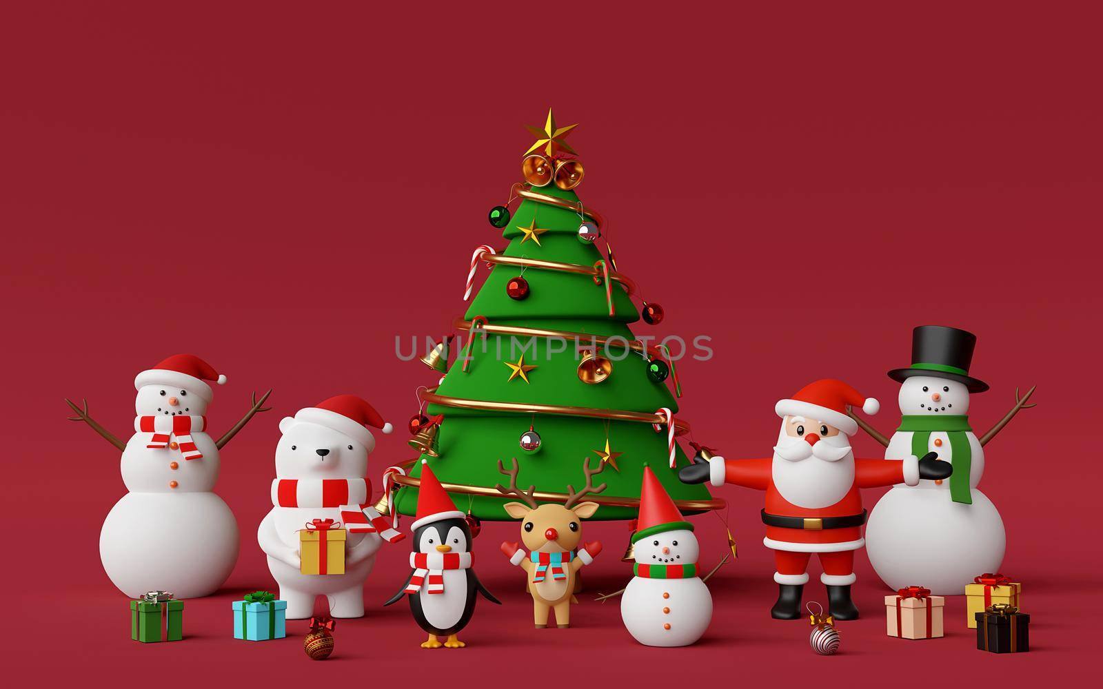 Merry Christmas and Happy New Year, Christmas tree with cute Christmas character on red background, 3d rendering by nutzchotwarut
