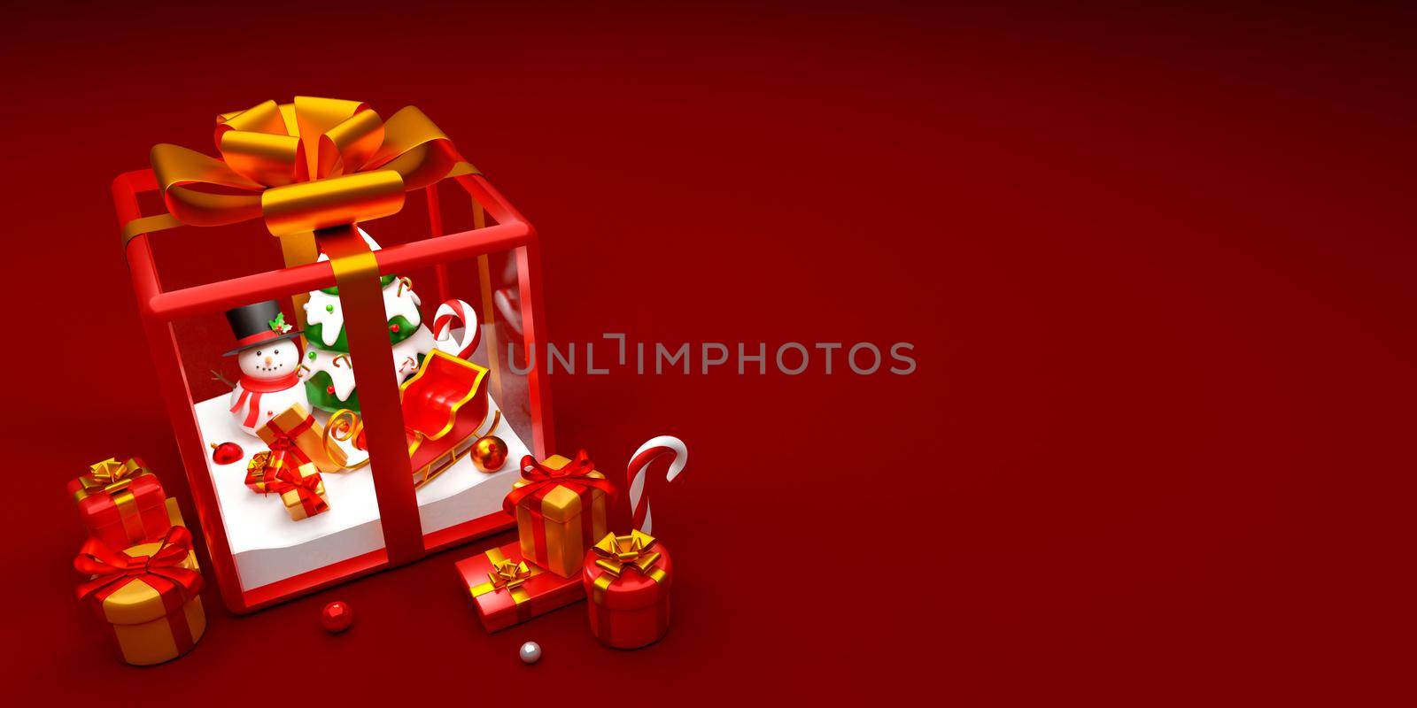 Snowman and Christmas tree within gift box, 3d illustration