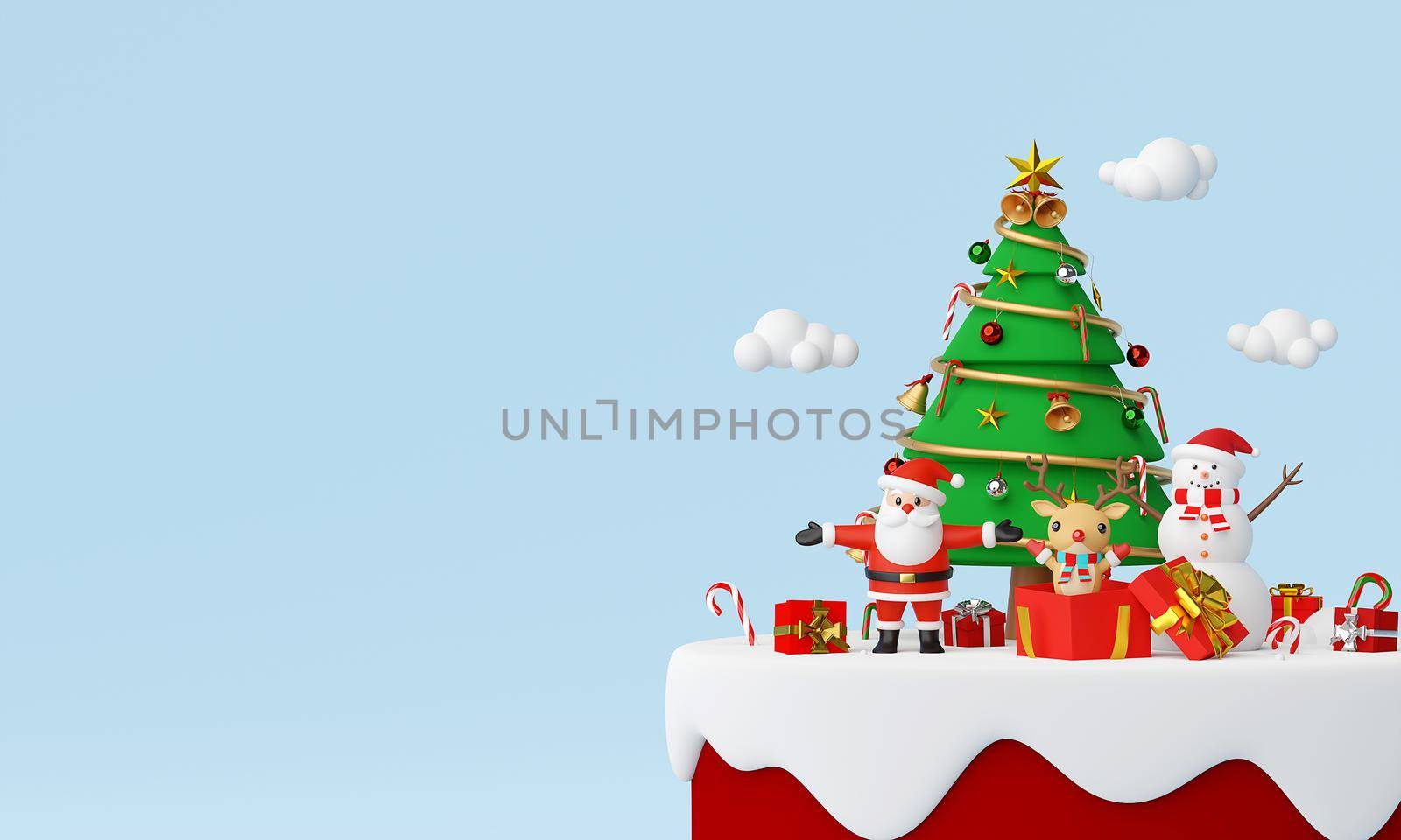 Merry Christmas and Happy New Year, Santa Claus and friends with Christmas gifts, 3d rendering
