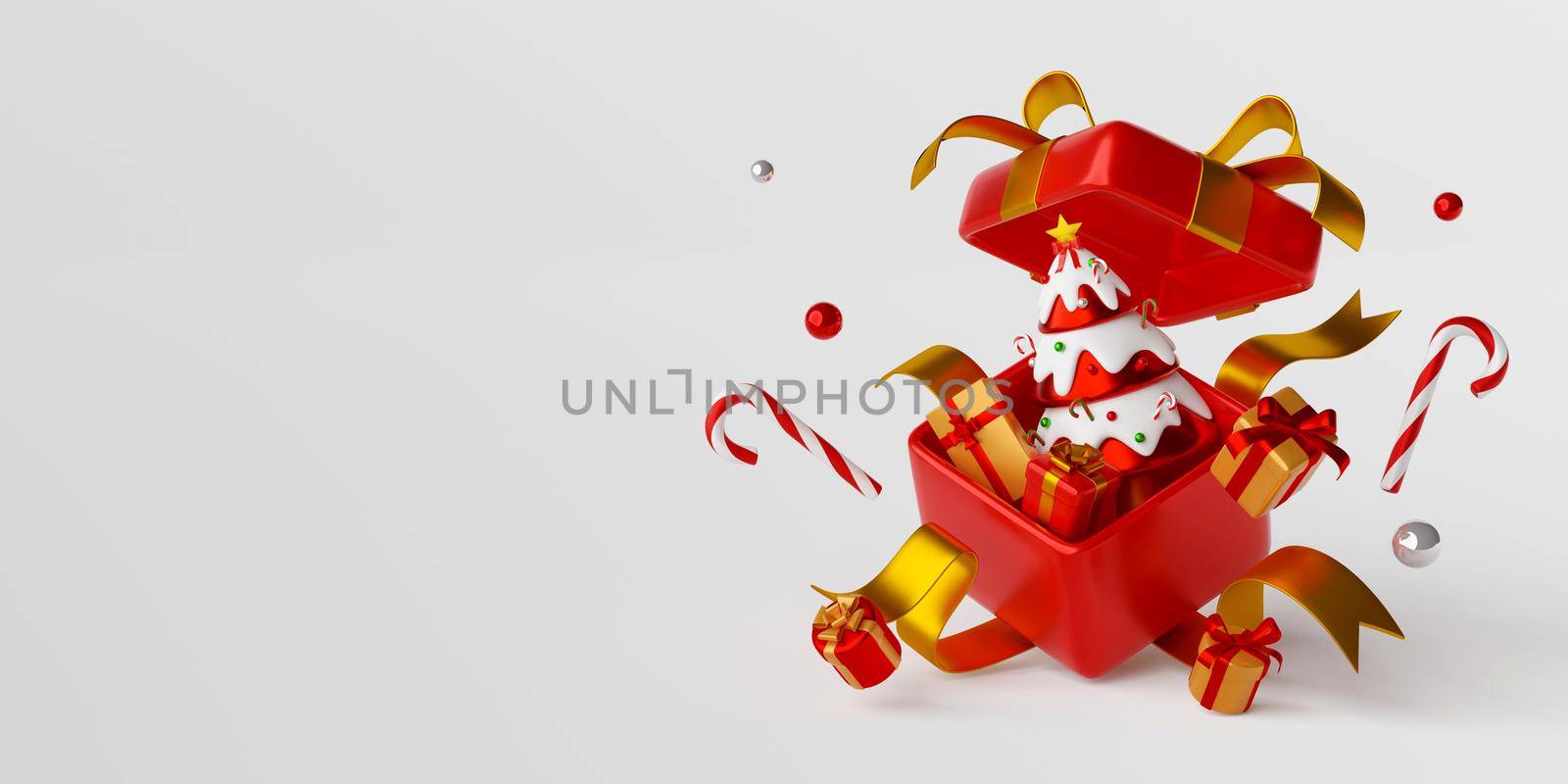 Christmas banner of Christmas tree with present in big gift box, 3d illustration