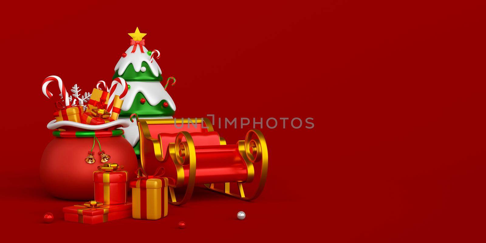 Christmas banner of Christmas bag and sleigh on red background, 3d illustration