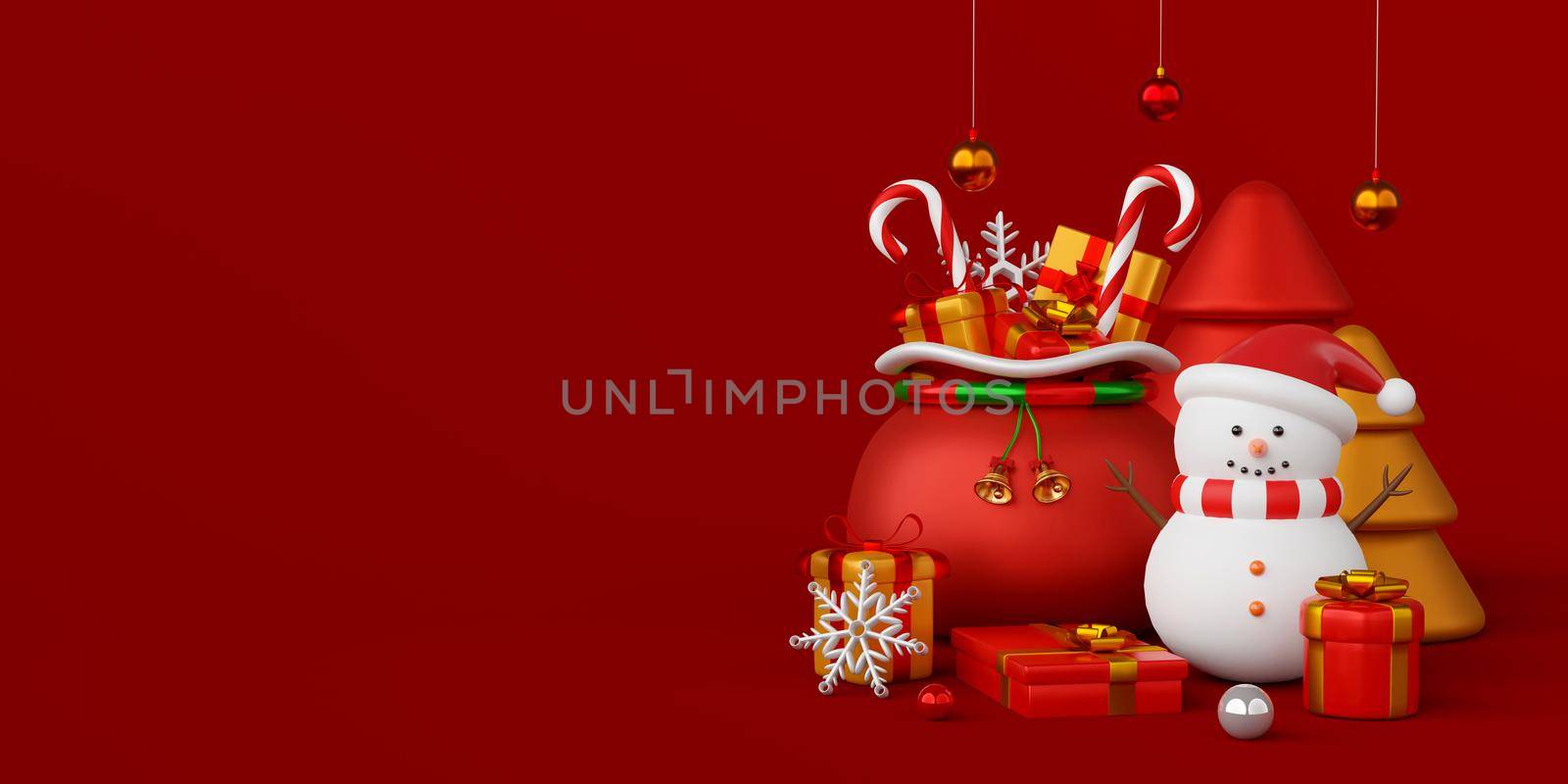 Christmas banner of snowman with Christmas bag and gifts, 3d illustration
